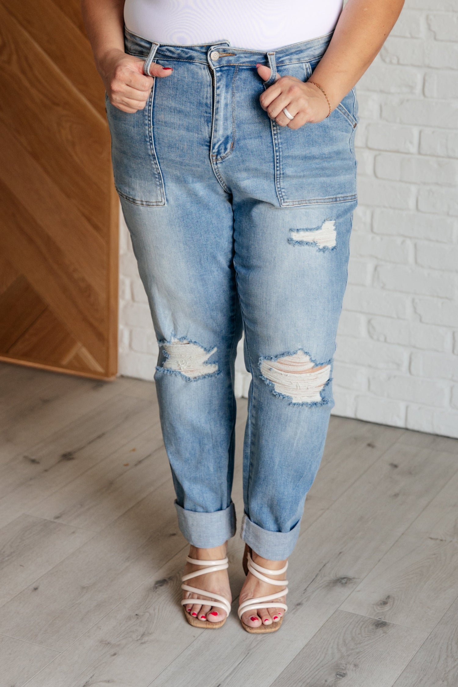 Denim Aiden High Rise Patch Pocket Distressed Boyfriend Jeans