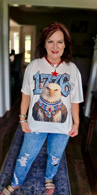 1776 Patriotic Eagle Graphic Tee with Crystal Details