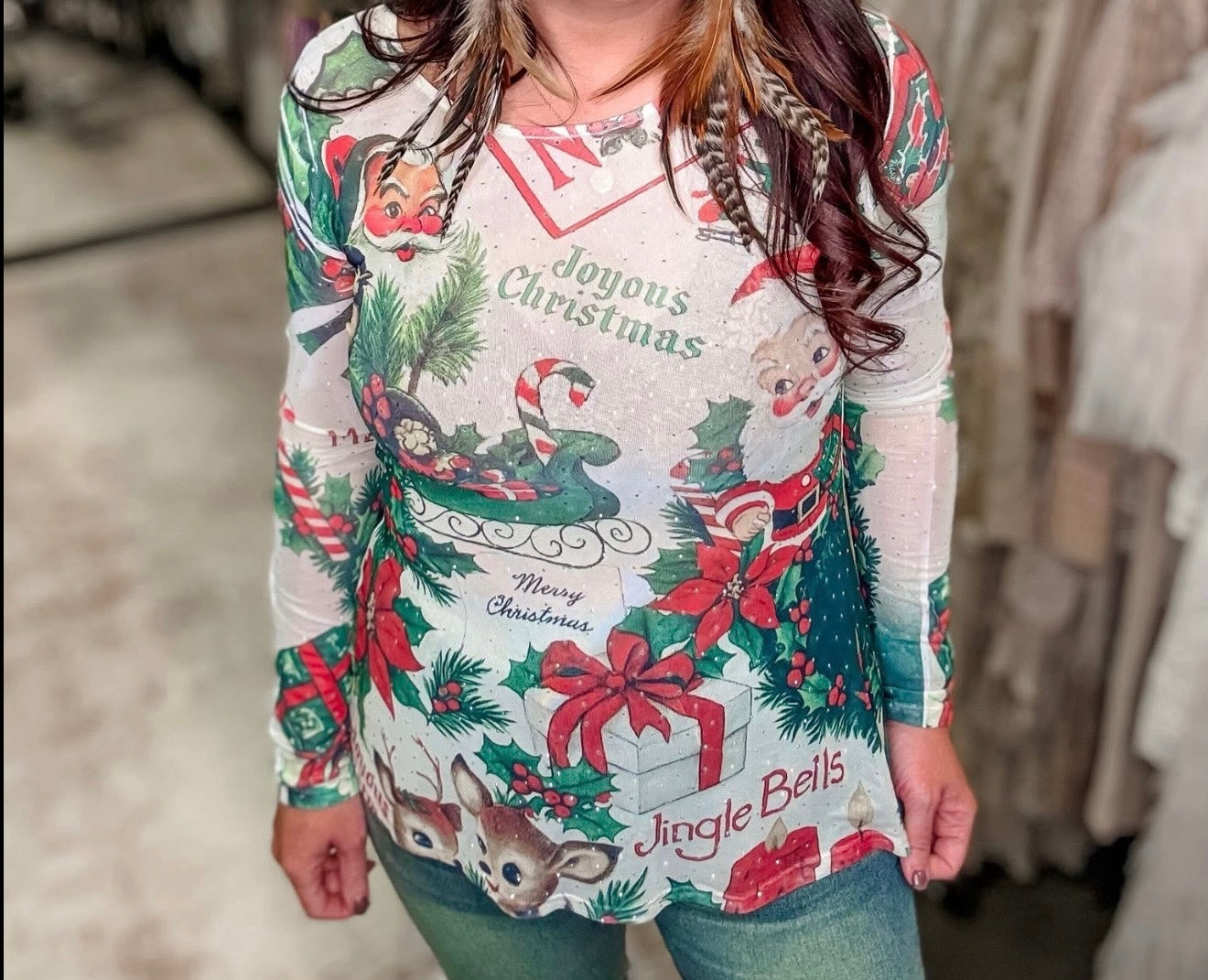 Embellished Santa Mesh Top