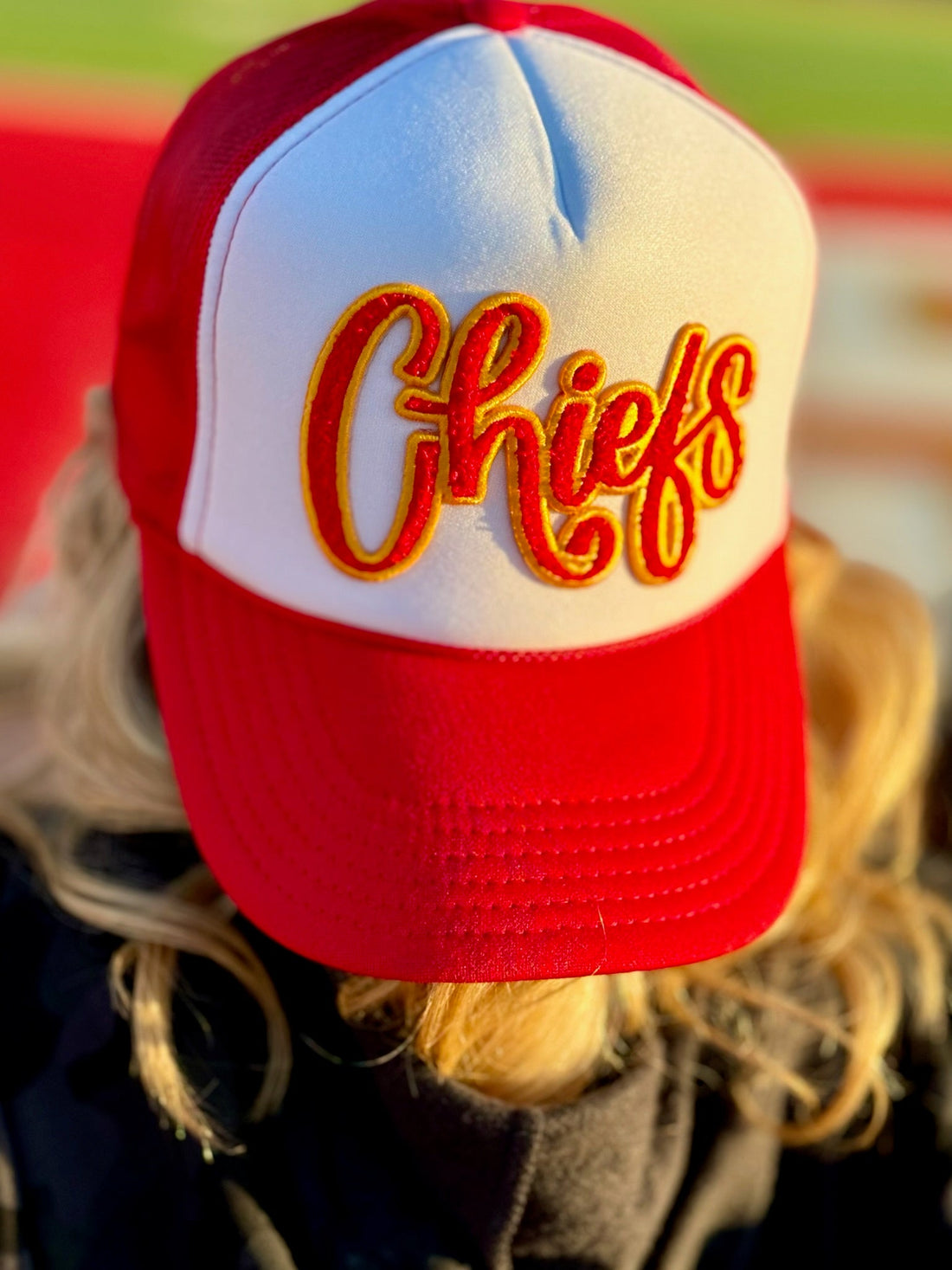 Red &amp; Gold Chiefs Chenille Patch Trucker Cap by Randi Mahomes