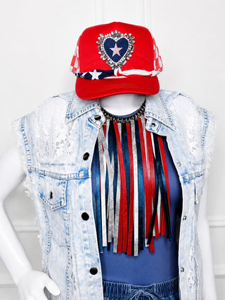 Patriotic Heart Rhinestone Trucker Hat | Red, White & Boujee Statement Cap by Sandra Ling Designs