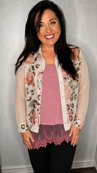 Origami - Leopard Floral Faux Suede Mesh Trimmed Detailed Jacket