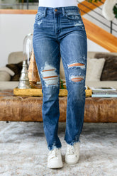 Denim Christine High Contrast Slim Bootcut Destroyed Jeans