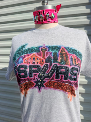 San Antonio Spurs Crystal Skyline Graphic Tee | Rhinestone Spurs Statement T-Shirt