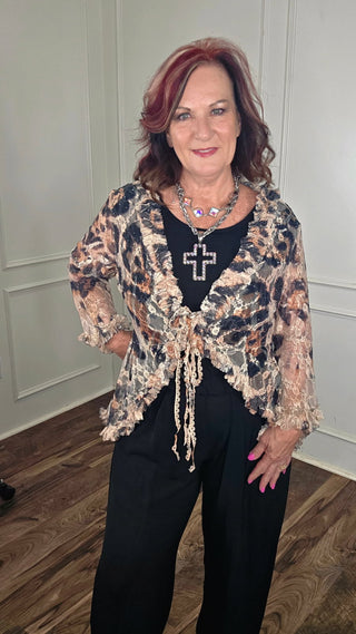 Origami Leopard Lace Ruffle Short Cardigan