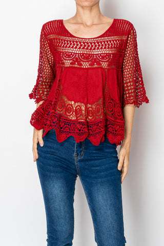 Red Hot Statement Crochet Top by Origami| Oversized Lace Boho Blouse