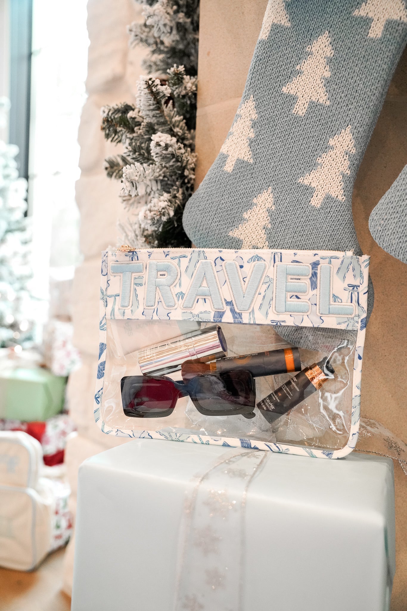 Makeup Bag Travel - Blue Bow Clear Pouch