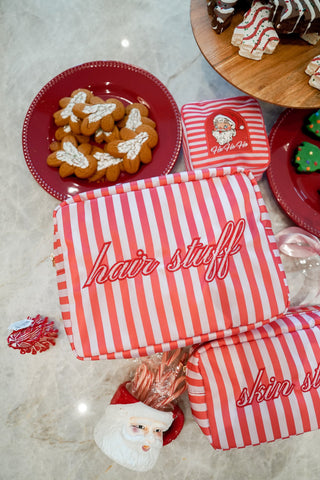 Makeup Bag Hair Stuff - Pink & Red Stripes XL Bag