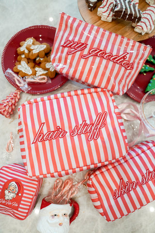Makeup Bag Hair Stuff - Pink & Red Stripes XL Bag