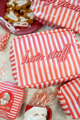 Makeup Bag Hair Stuff - Pink & Red Stripes XL Bag
