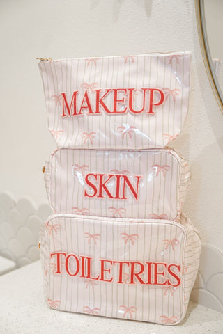 Makeup Bag Toiletries - Pink Ribbons Clear Coat XL Bag