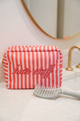 Makeup Bag Hair Stuff - Pink & Red Stripes XL Bag