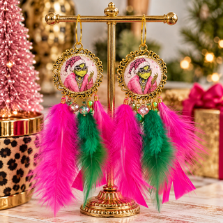 Sassy Grinch Feather Necklace or Earrings Custom design by Sandra Ling