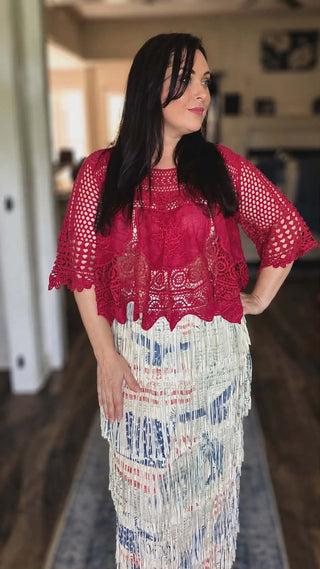 Origami - Red Hot Statement Crochet Top|Oversized Lace Boho Blouse