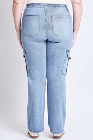 Women's Plus High Rise Elastic Waist Cargo Straight  Jeans