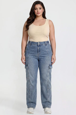 Women's Plus High Rise Elastic Waist Straight Cargo