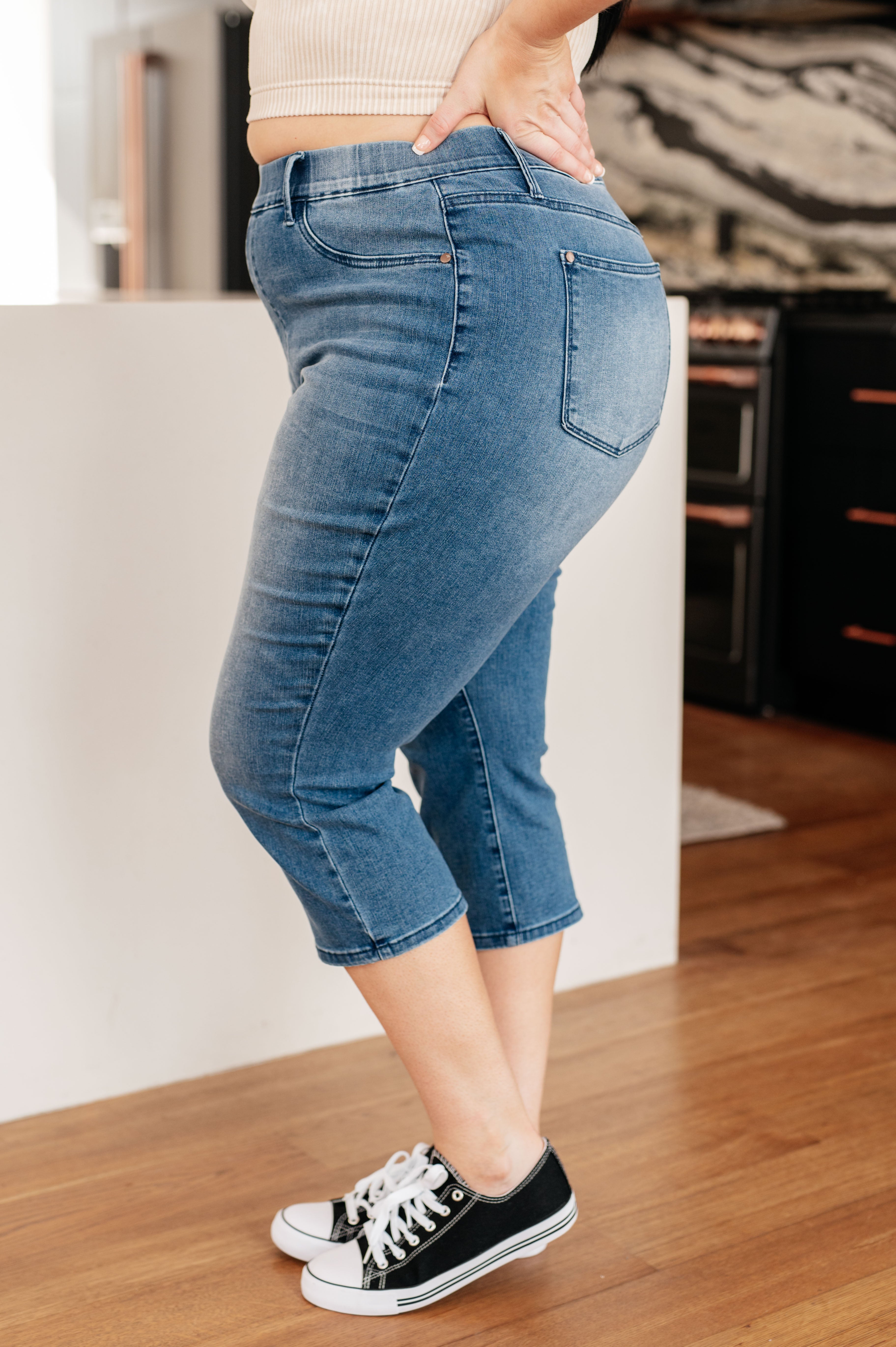 Denim Emily High Rise Cool Denim Pull On Capri Jeans