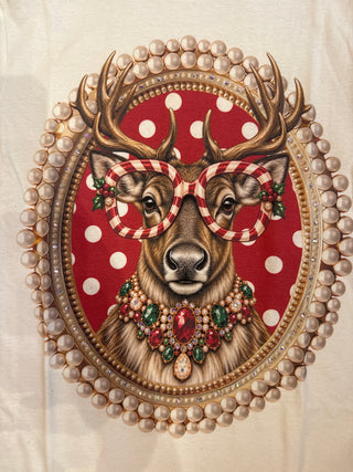 Reindeer Candy Cane Glasses Cream Graphic Tee 2201