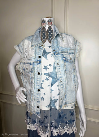 Origami - Blue Star Lace Hem Tank Top