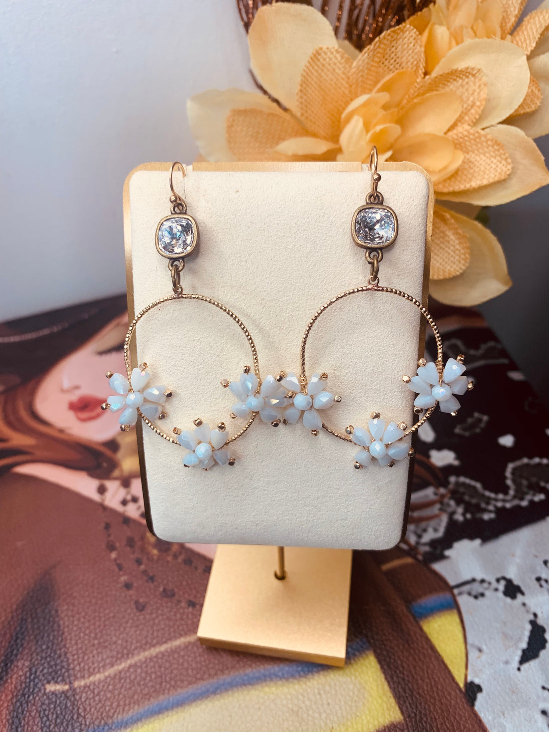 White &amp; Gold Crystal Flower hoop earrings - Pirates and Pearls Boutique