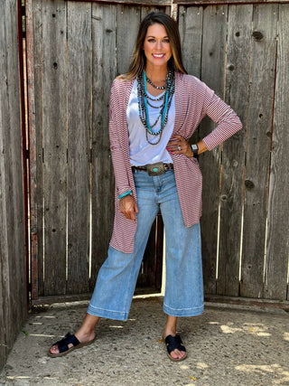 Sweaters Mauve Striped Mid-Length Cardigan