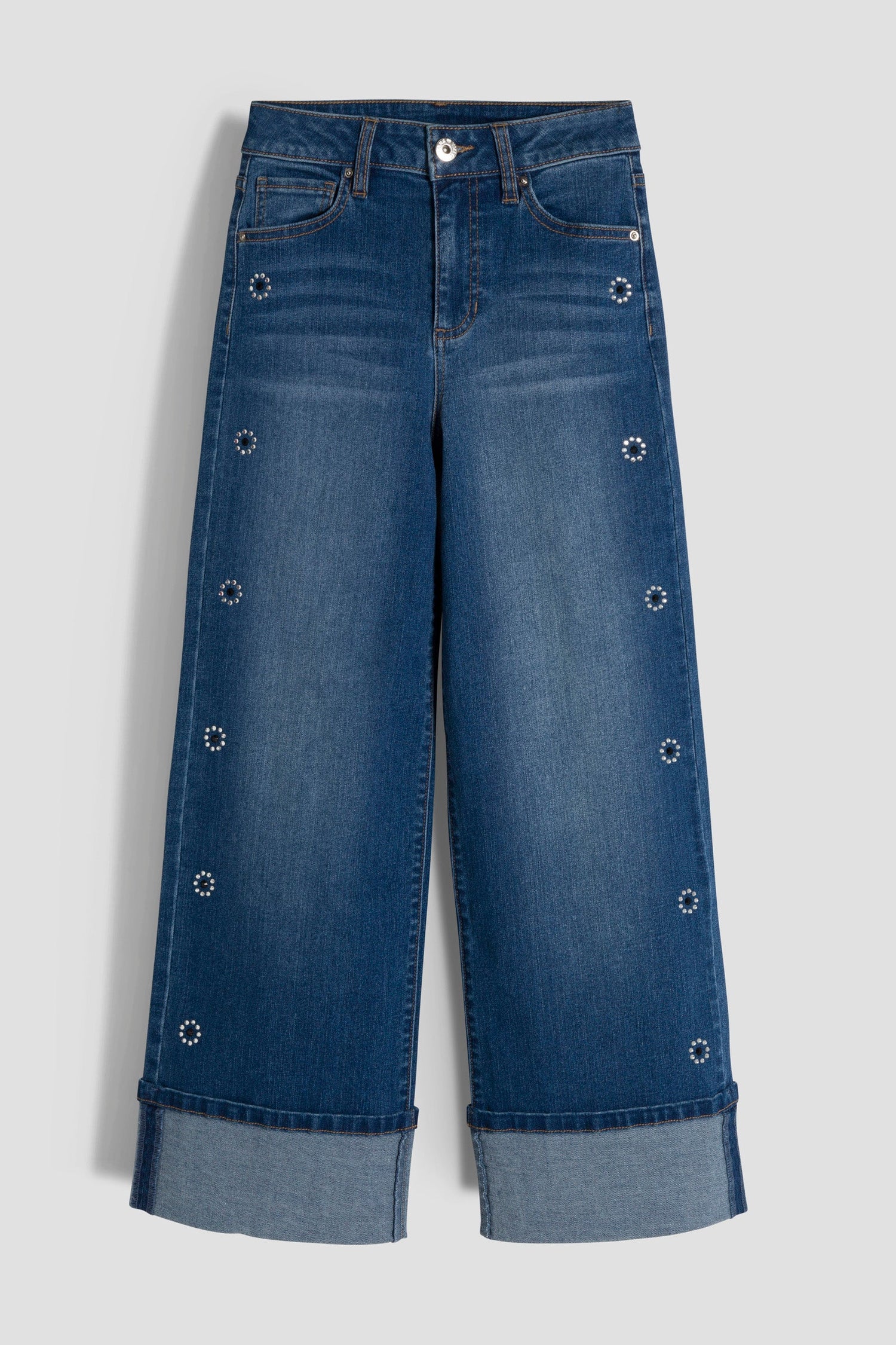 Girls Hot Fix Stud Cuffed Wide Jeans