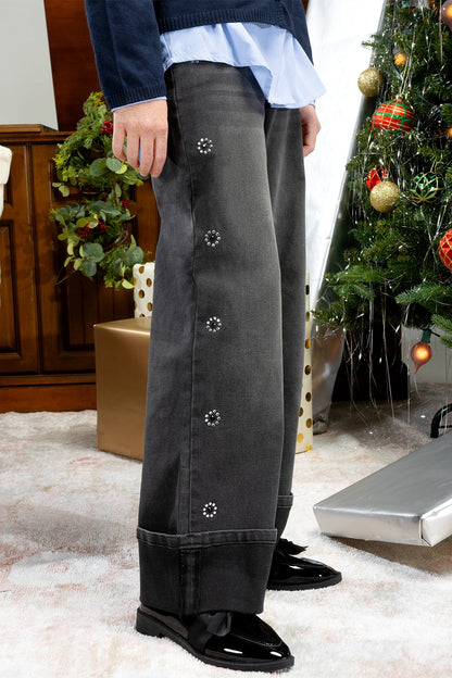 Girls Hot Fix Stud Cuffed Wide Jeans