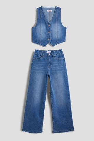 Girls Cece Denim Vest & Wide Leg Jeans Set