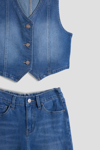 Girls Cece Denim Vest & Wide Leg Jeans Set