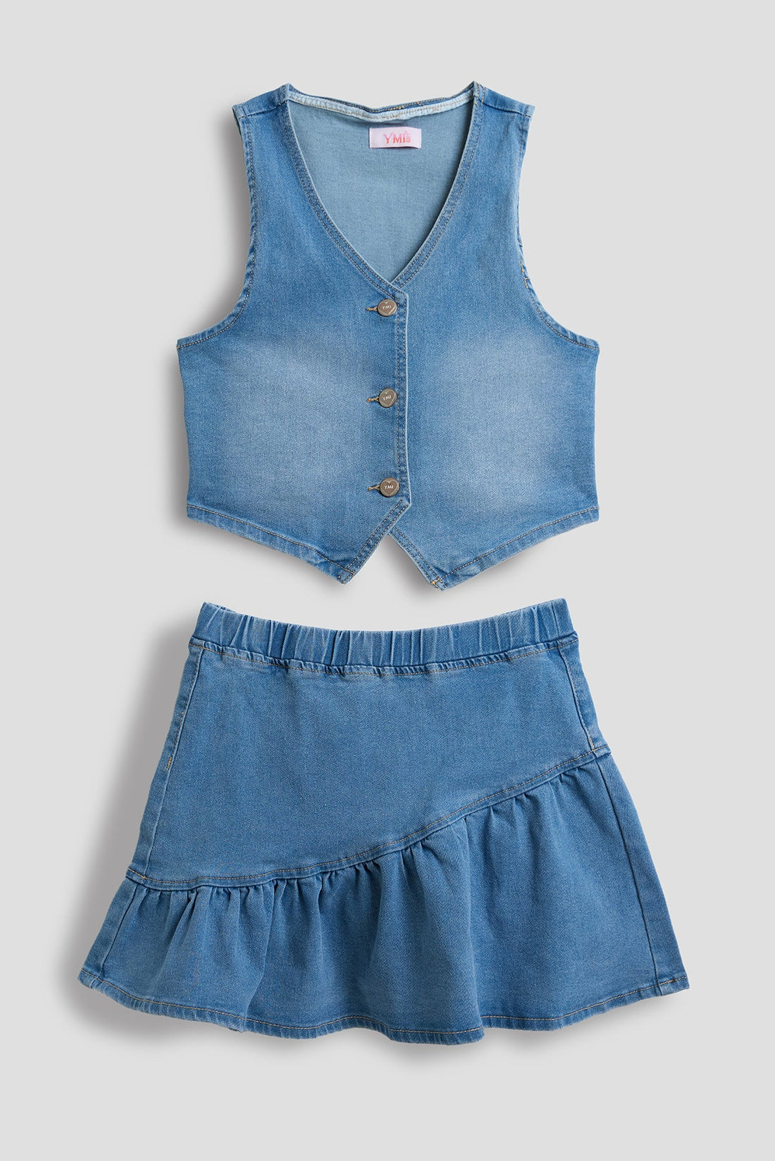 Girls Denim Vest &amp; Ruffle Skirt Set