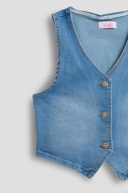 Girls Denim Vest &amp; Ruffle Skirt Set