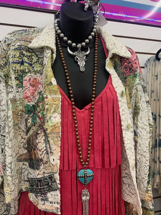 Turquoise Heart Cross Tassel Necklace