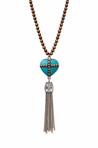 Turquoise Heart Cross Tassel Necklace