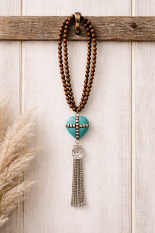 Turquoise Heart Cross Tassel Necklace