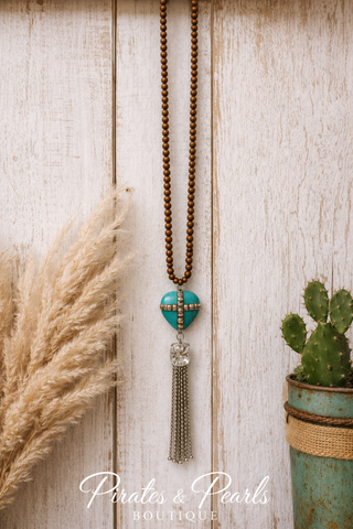 Turquoise Heart Cross Tassel Necklace