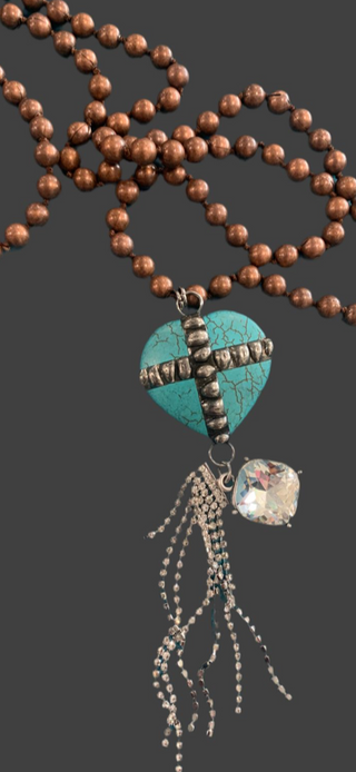 Turquoise Heart Cross Tassel Necklace