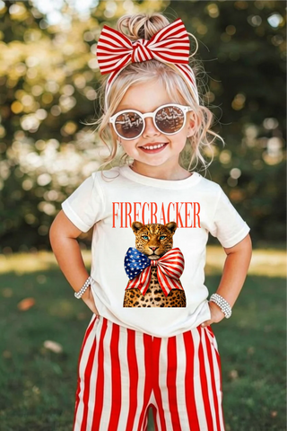 Firecracker Leopard with Patriotic American Flag Bow Graphic T-Shirt with Crystal Accents