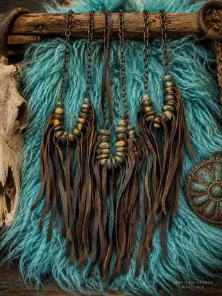 Western Boho Leather Fringe Statement Necklace by Sandra Ling Designs