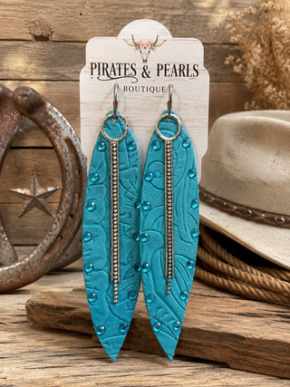 Turquoise Tooled Leather Dangle Rhinestone Earrings
