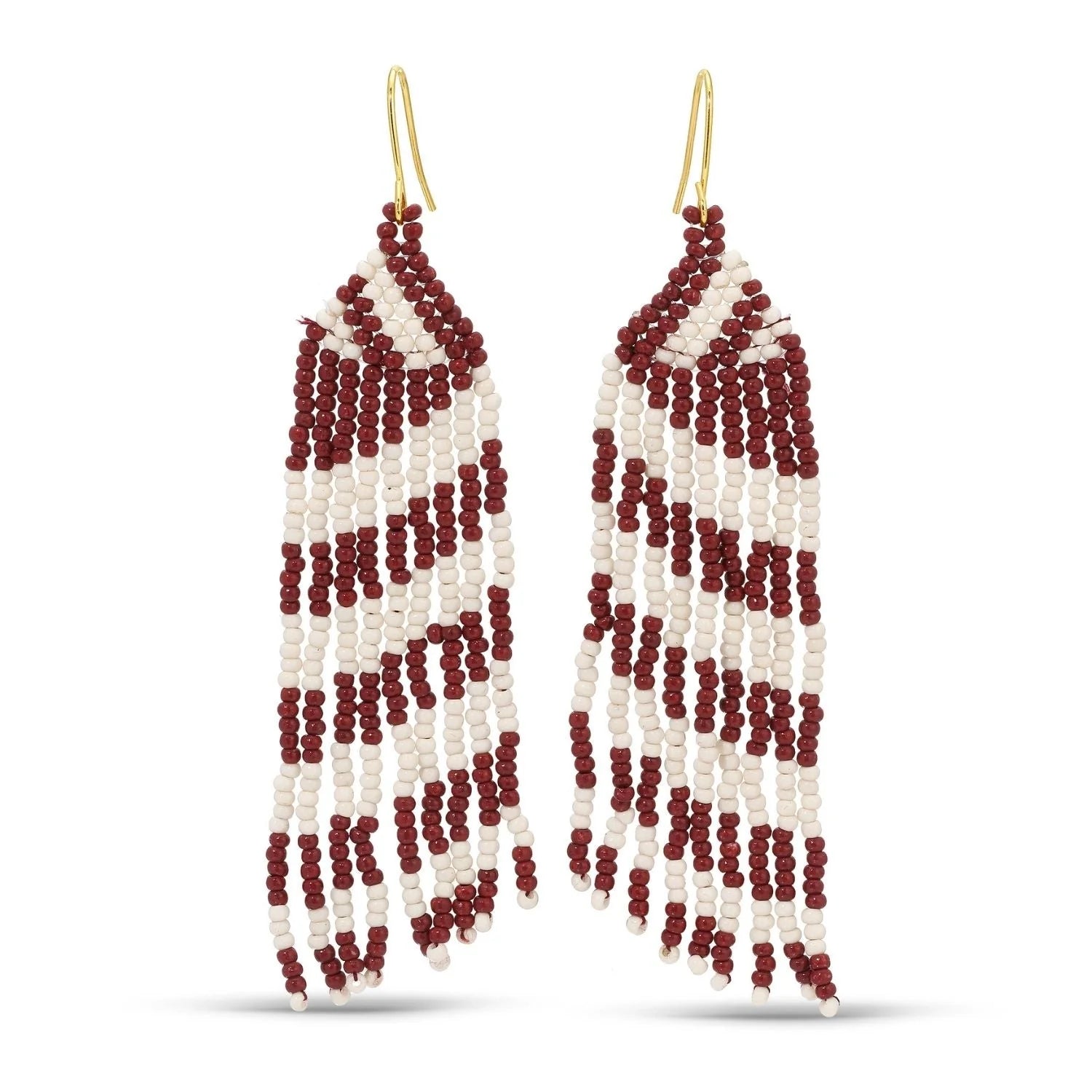 Maroon &amp; White Dangling Beaded Earrings
