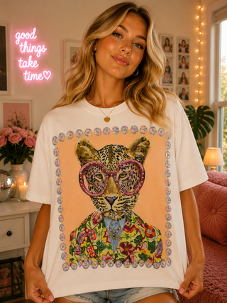 Leopard In A Suit White Graphic Tee 1049
