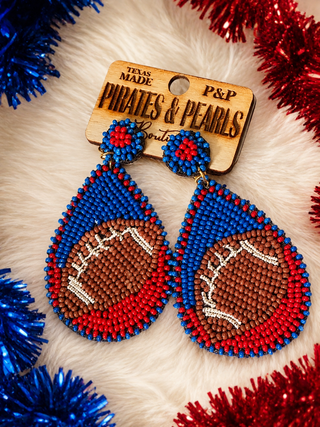 Blue & Red Beaded Football Teardrop Earrings
