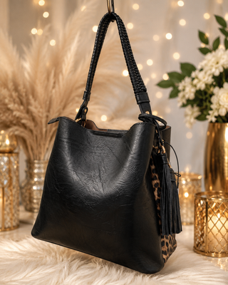 Black Leopard Vegan Leather Tote Bag