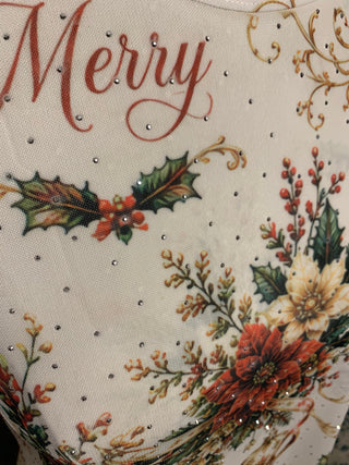 Close-up of Merry lettering, holiday florals and rhinestones on mesh top