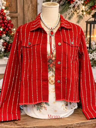 Origami Rhinestone Pinstripe Denim Jacket – Red