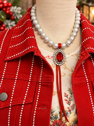 Origami Rhinestone Pinstripe Denim Jacket – Red