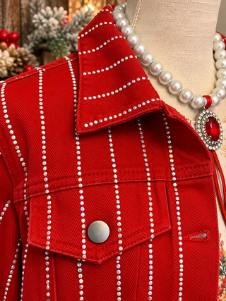 Origami Rhinestone Pinstripe Denim Jacket – Red