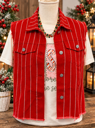 Origami Rhinestone Pinstripe Denim Vest – Red
