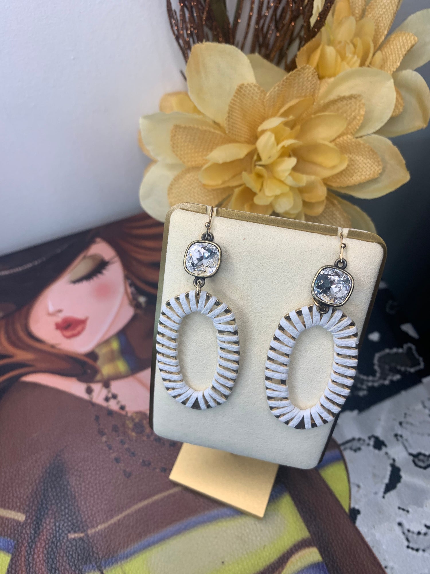 White &amp; Gold Crystal Oval Earrings - Pirates and Pearls Boutique