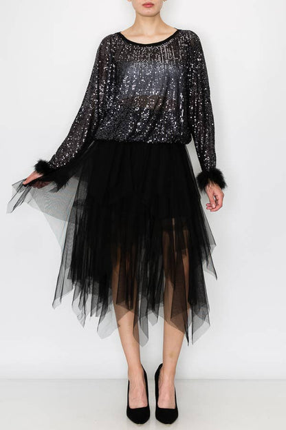 Black Sequin Top with Faux Feather Trimmed Sleeve